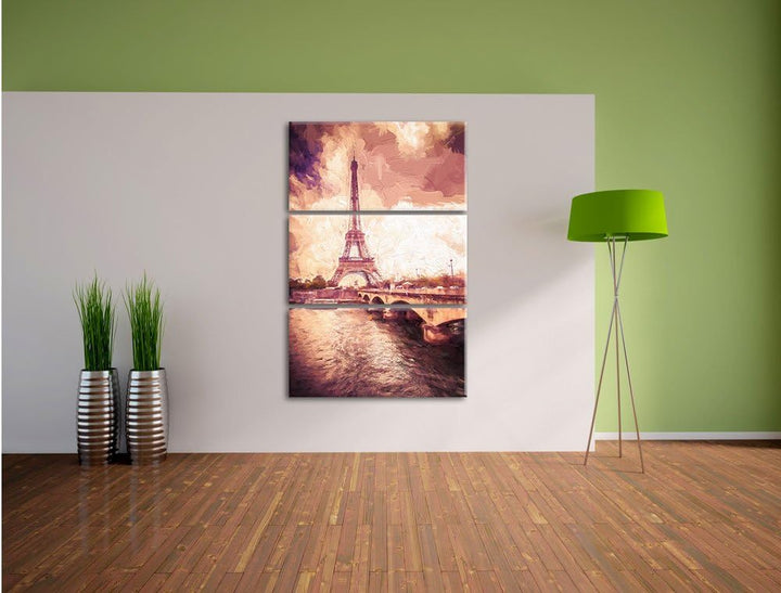 Pixxprint Eiffelturm in Paris Kunst / 3-Teilig/Gesamtmass 120cm Leinwandbild bespannt auf Holzrahmen
