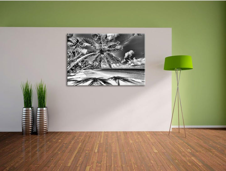 Monocrome, Palmenstrand, Format: 100x70 auf Leinwand, XXL riesige Bilder fertig gerahmt mit Keilrahm