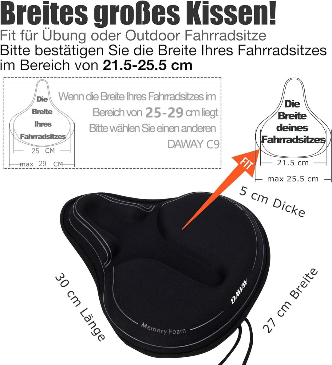 DAWAY Schaum Gel Gepolsterter Fahrradsattelbezug - C6 Extra Weicher Breit Gross Sattelbezug für Pelo