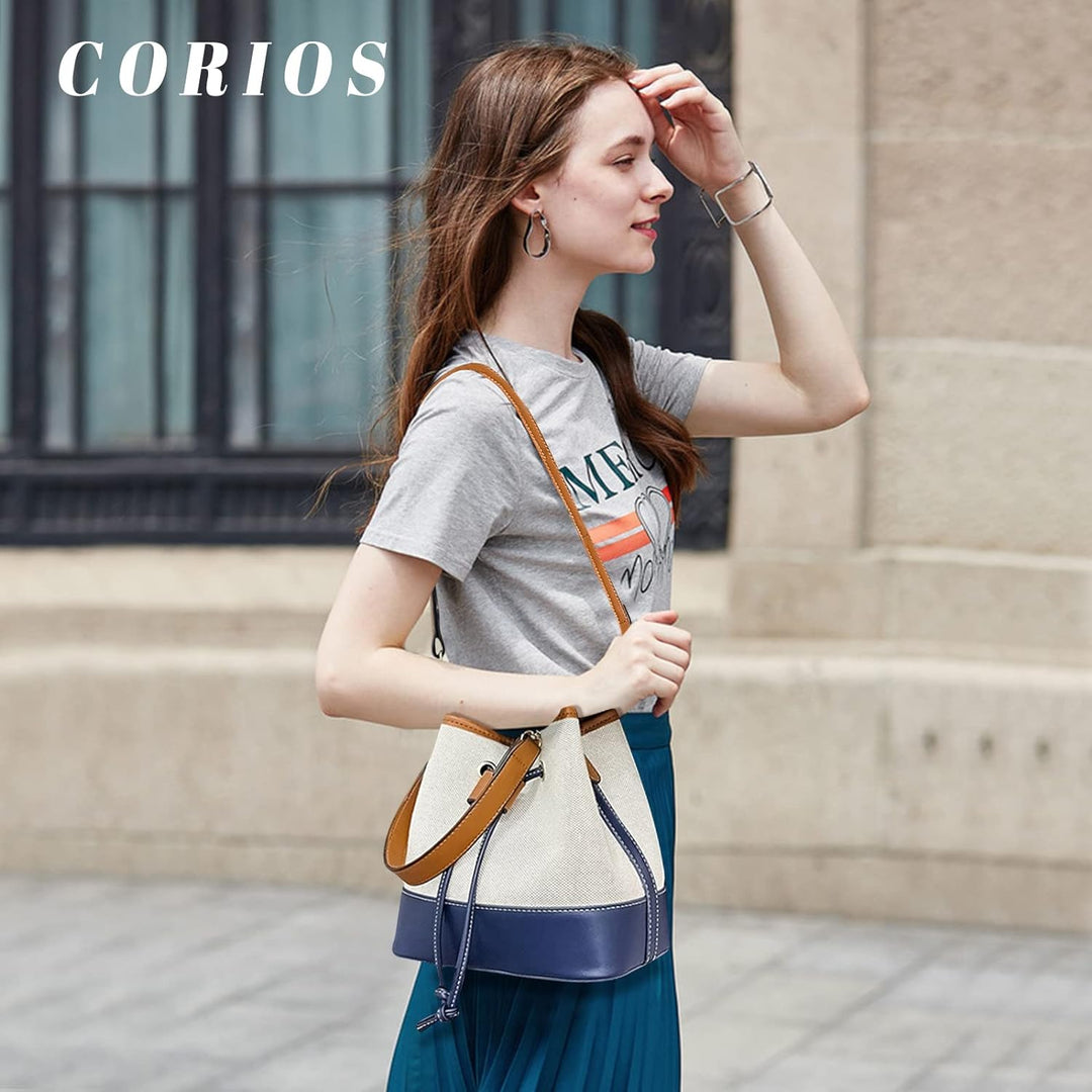 CORIOS Eimer Taschen Damen Henkeltaschen Canvas Schultertaschen PU-Leder Umhängetaschen Kordelzug Be