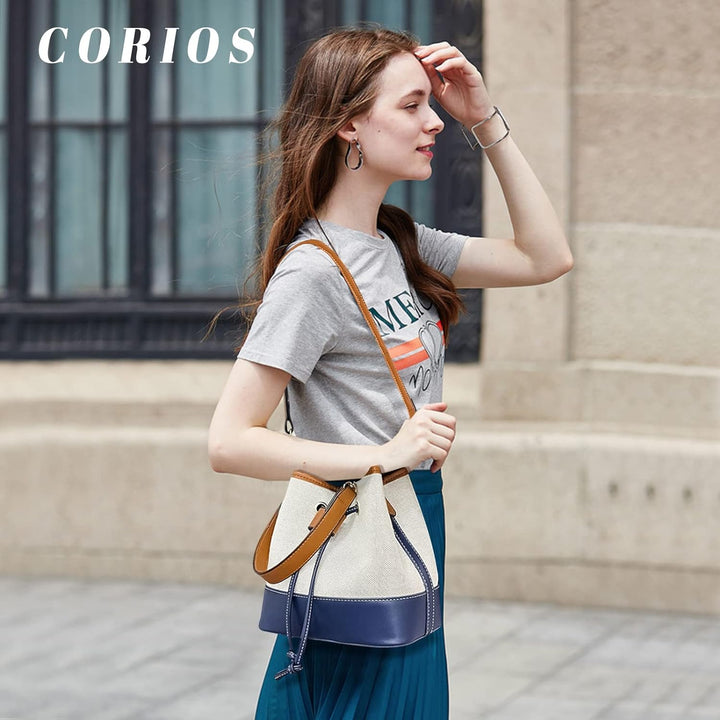 CORIOS Eimer Taschen Damen Henkeltaschen Canvas Schultertaschen PU-Leder Umhängetaschen Kordelzug Be
