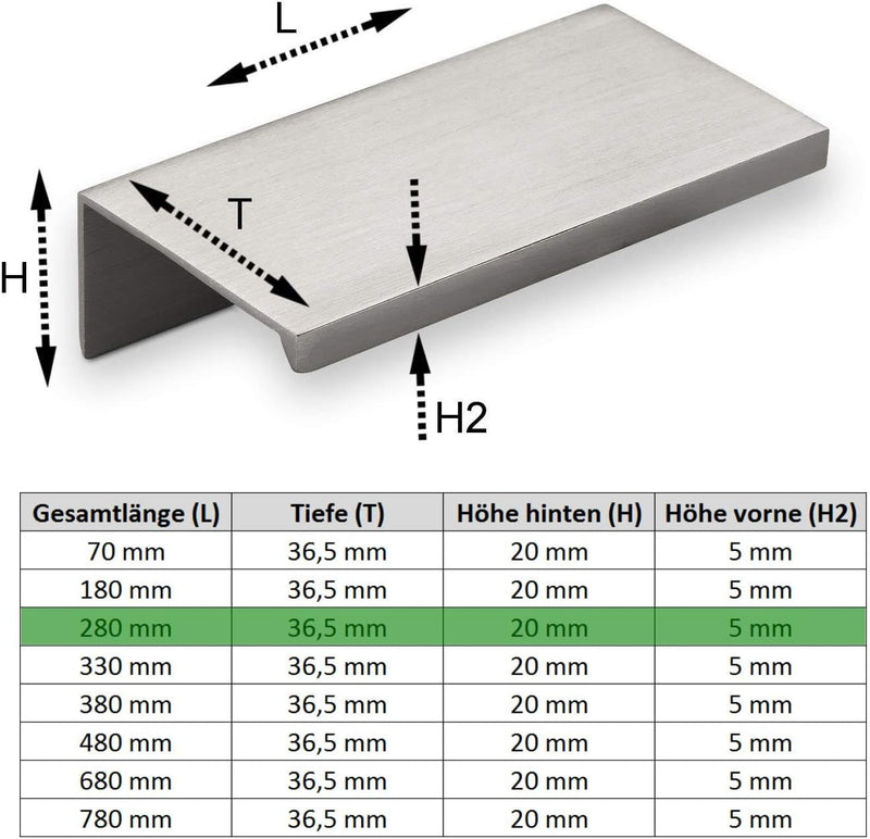 10er Set Alu Möbelgriff SEARL 280 mm Edelstahloptik Profilgriff Schubladengriff Küchengriff von SO-T