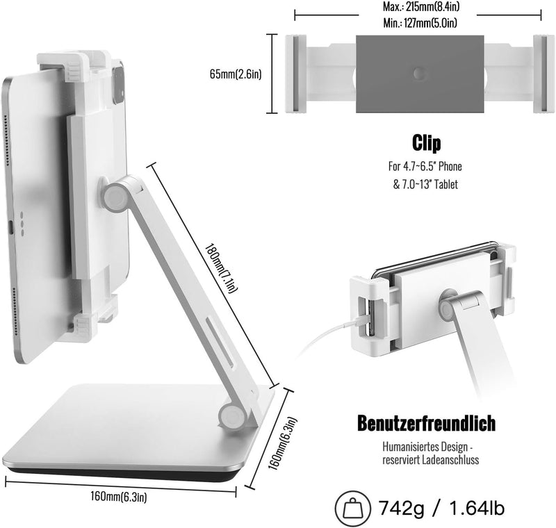 QinCoon Tablet Ständer, Verstellbar Heavy Duty Aluminium Halterung, 360° Drehen Faltbar Metall Table