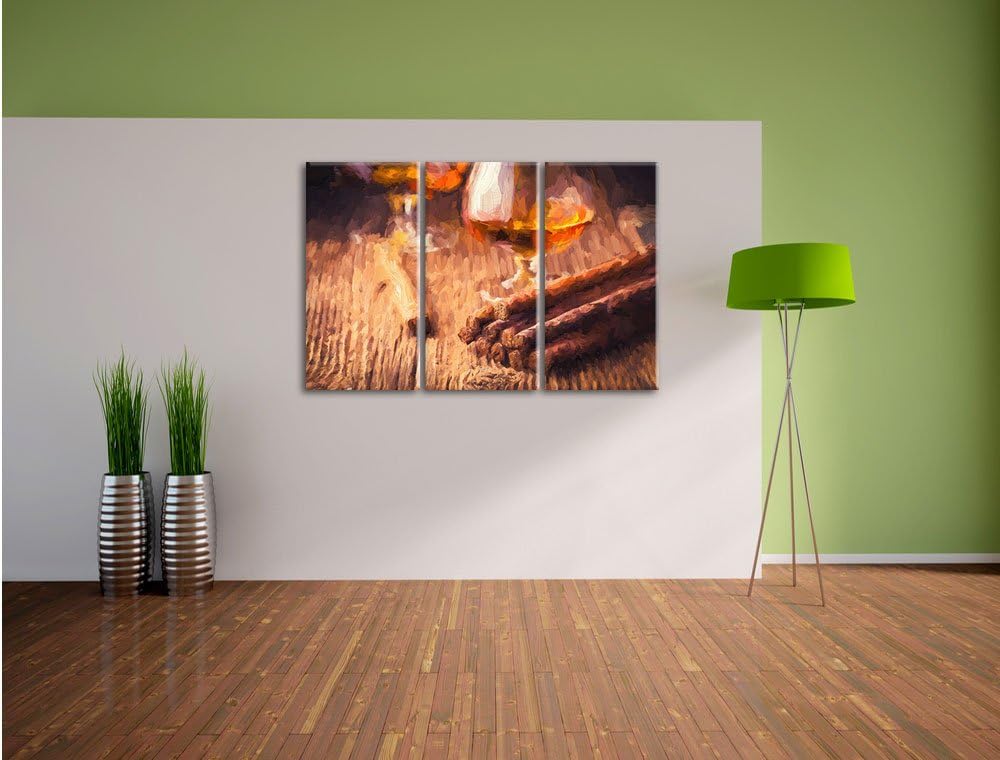 Pixxprint Whisky und Zigarre Pinsel Effekt 3-Teiler Leinwandbild 120x80 Bild auf Leinwand