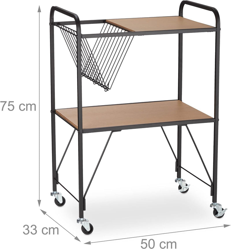 Relaxdays Servierwagen, 4 Rollen, 2 Ablagen, Zeitungskorb, Holzoptik, Metall, HBT 75x50x33cm, Küchen