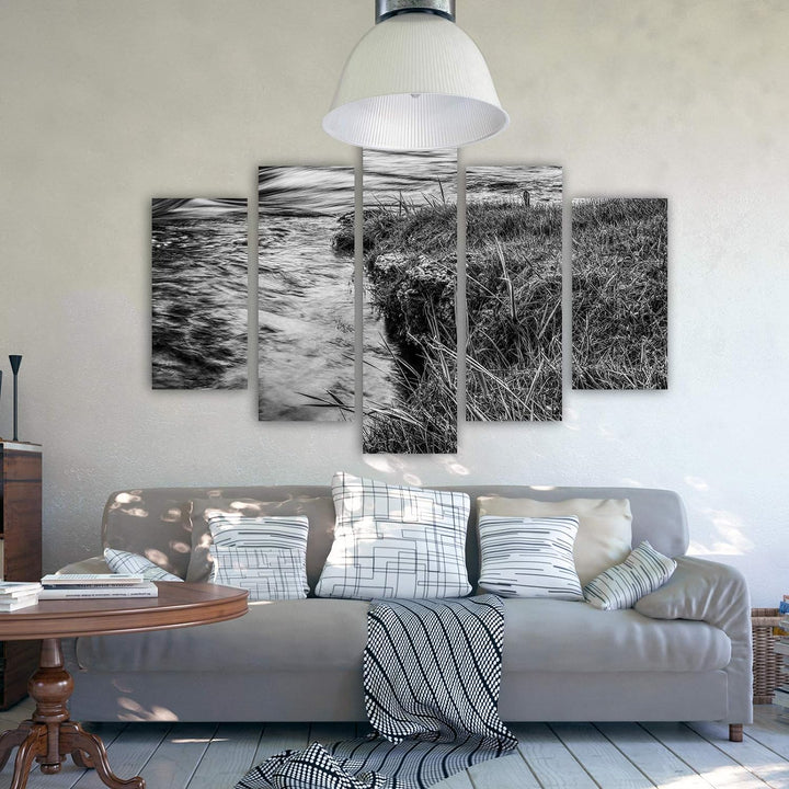 Feeby Bild auf Leinwand Natur 5 Teilig Modern Wasser Gras Schwarzweiss 150x100 cm Leinwandbild 150x1