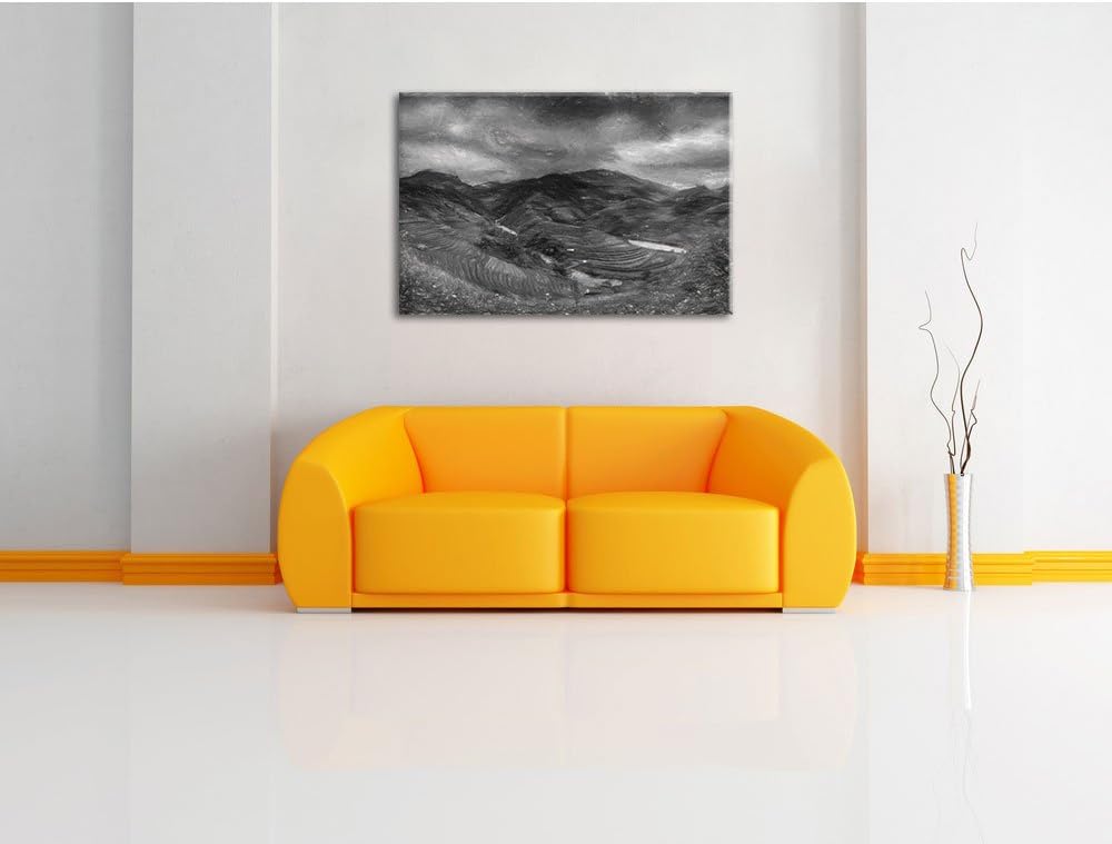 Pixxprint eine Berg Farm in Asien Kunst Kohle Effekt, Format: 100x70 auf Leinwand, XXL riesige Bilde