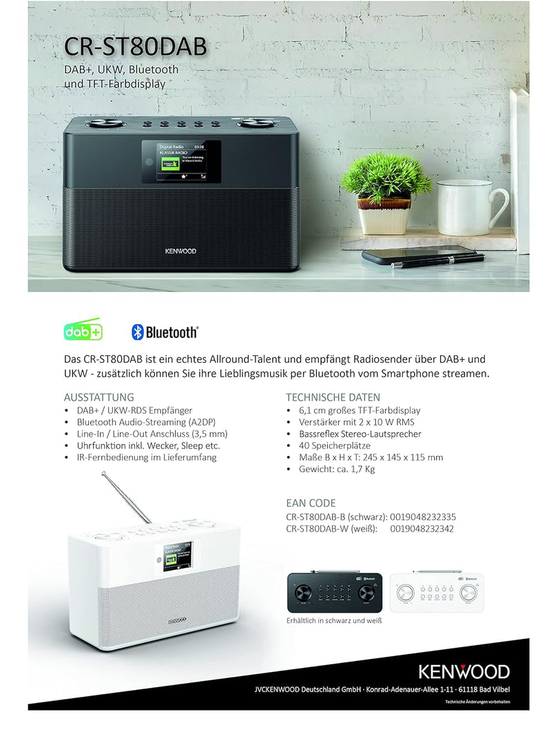 KENWOOD CR-ST80DAB-W Stereo-Kompaktradio (2 x 10 W RMS, Bassreflex Lautsprecher DAB+, UKW, Bluetooth