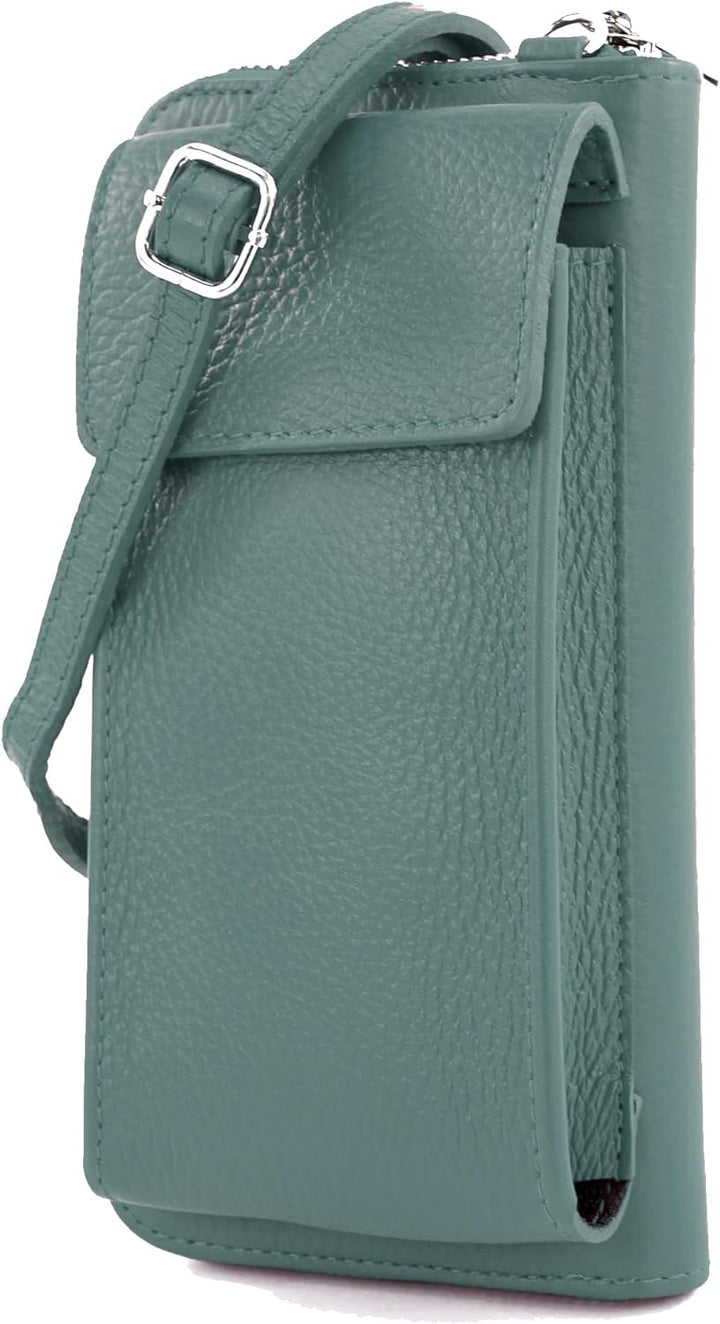 modamoda de - P06 - ital. Damen Umhängetasche Geldbörse Handytasche Leder Ocean Grey, Ocean Grey