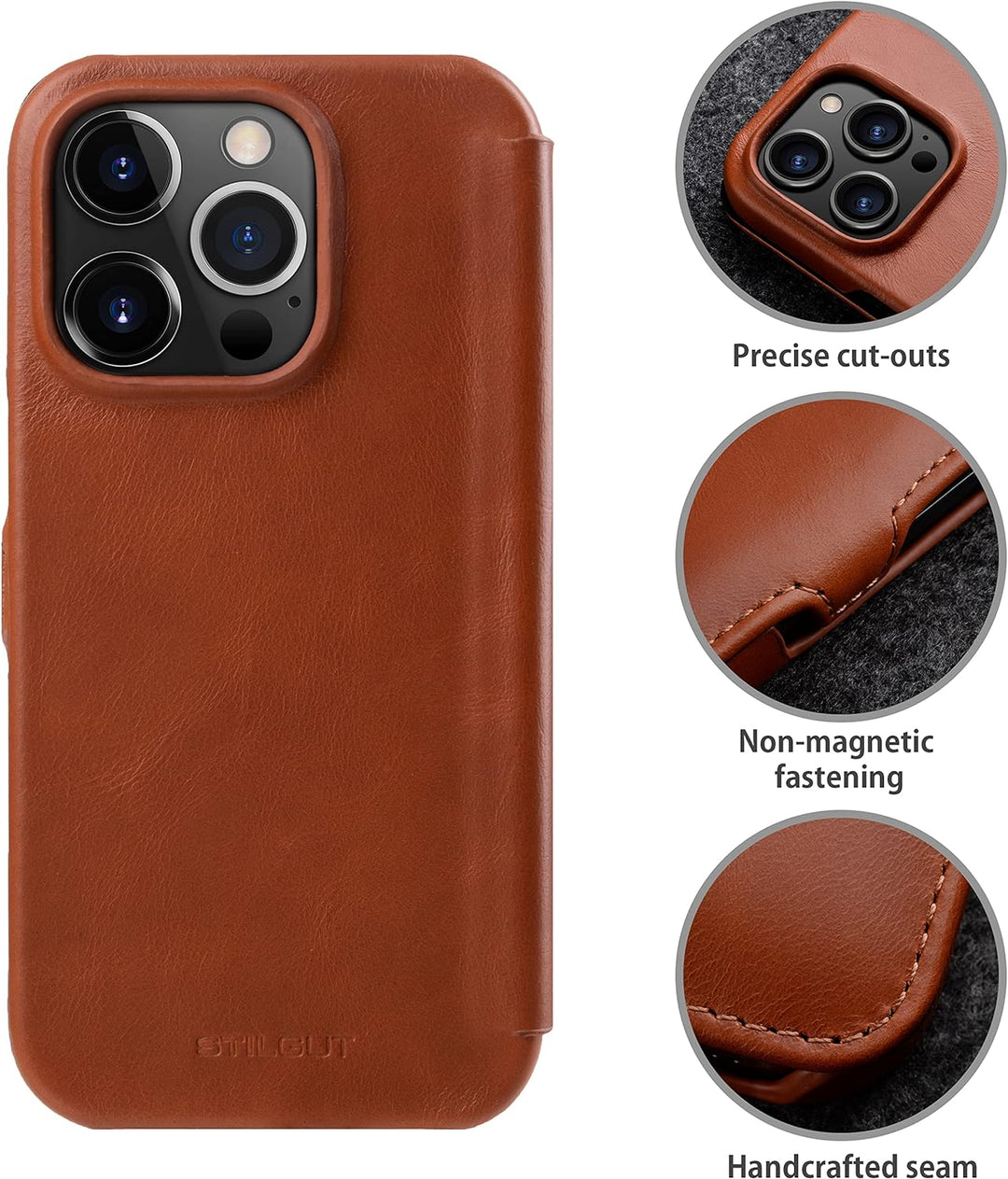 STILGUT Book Case kompatibel mit iPhone 14 Pro (6.1“) Hülle aus Leder mit Clip-Verschluss, Klapphüll