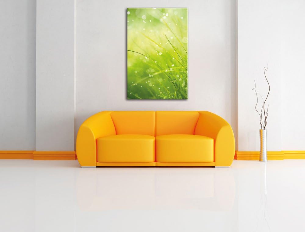 Pixxprint Nasses Gras, Format: 100x70 auf Leinwand, XXL riesige Bilder fertig gerahmt mit Keilrahmen