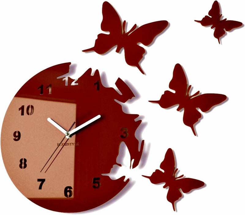 FLEXISTYLE Grosse Moderne Wanduhr Schmetterling Braun rund 30cm, 3D DIY, Wohnzimmer, Schlafzimmer, K
