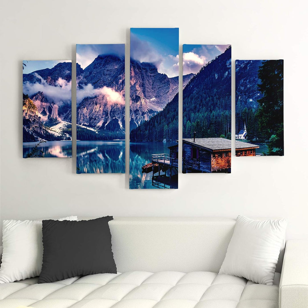 Wandbild Berge 250x120 cm Deco Panel 5 Teilig XXL Kunstdruck Hütte See blau Deco Panel XXL 250x120 c