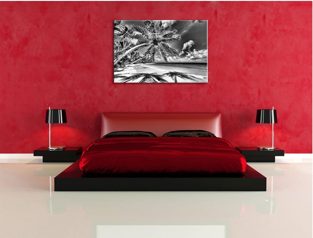 Monocrome, Palmenstrand, Format: 100x70 auf Leinwand, XXL riesige Bilder fertig gerahmt mit Keilrahm
