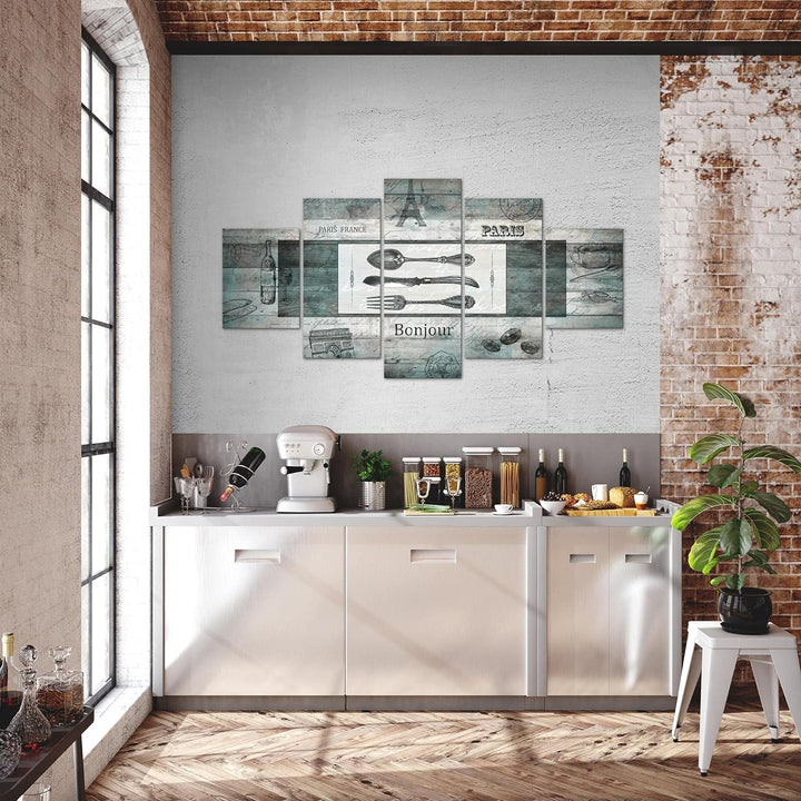Runa Art Bild Esszimmer Küchenbilder Küche Holz 5 Teilig Vintage Besteck Türkis Wandbilder auf Vlies