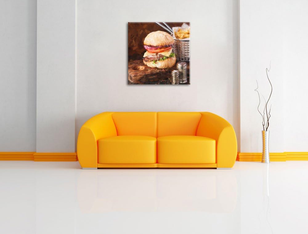 Pixxprint Cheesburger mit Pommes Pinsel Effekt, Format: 70x70 auf Leinwand, 70x70