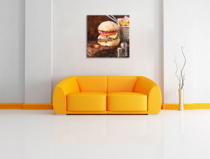 Pixxprint Cheesburger mit Pommes Pinsel Effekt, Format: 70x70 auf Leinwand, 70x70