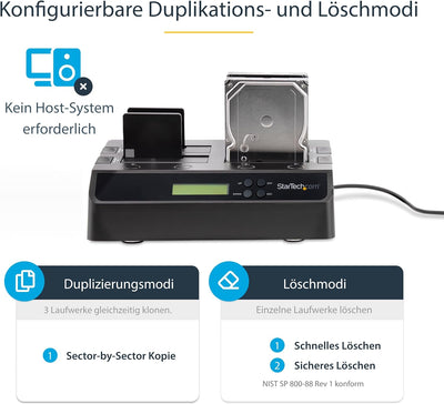 StarTech.com 4-Bay Festplatten Klonstation und Löscher, Selbständiger 1:3 SATA HDD/SSD Kloner/Kopier