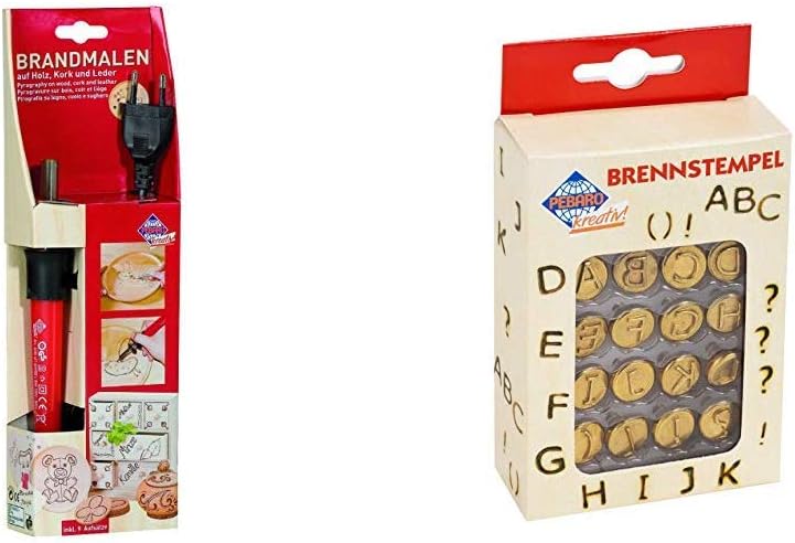 Brandmalkolben mit 9 verschiedenen Aufsätzen & Pebaro 20400 - Brennstempel, Buchstaben A - L, 16-tei