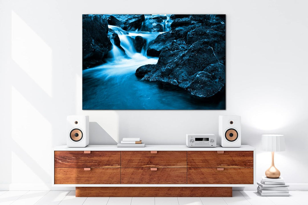 deyoli idyllischer Wasserfall in Irland Format 80x60 Effekt: Monocrome Blau als Leinwandbild, Motiv