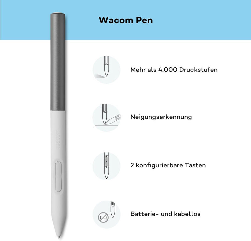 Wacom One S Stifttablett inkl. batterielosem EMR-Stift, Bluetooth-Verbindung, für Windows, Mac, Chro