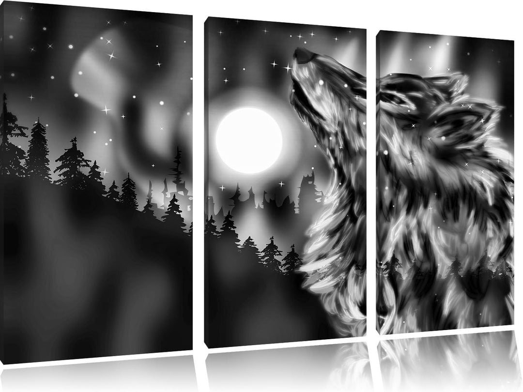 Pixxprint Abstrakter Wolf mit Mond / 3-Teilig/Gesamtmass 120cm Leinwandbild bespannt auf Holzrahmen/