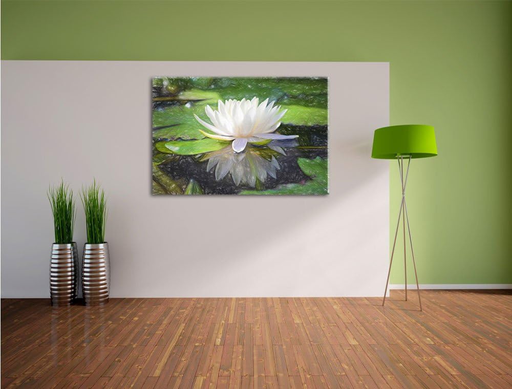 Pixxprint Weisse Lotusblume im Wasser / 100x70cm Leinwandbild bespannt auf Holzrahmen/Wandbild Kunst