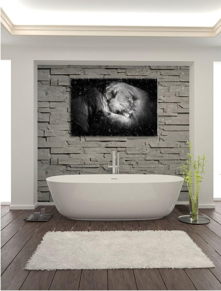 Pixxprint Männer Frauen Löwe kuscheln als Leinwandbild/Grösse: 100x70 cm/Wandbild/Kunstdruck/fertig