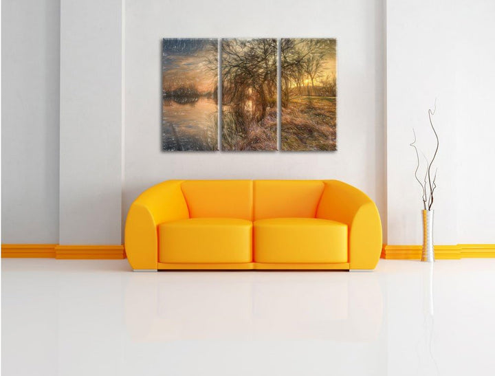 Pixxprint herbstliche Landschaft im Morgengrauen Kunst Buntstift Effekt 3-Teiler Leinwandbild 120x80