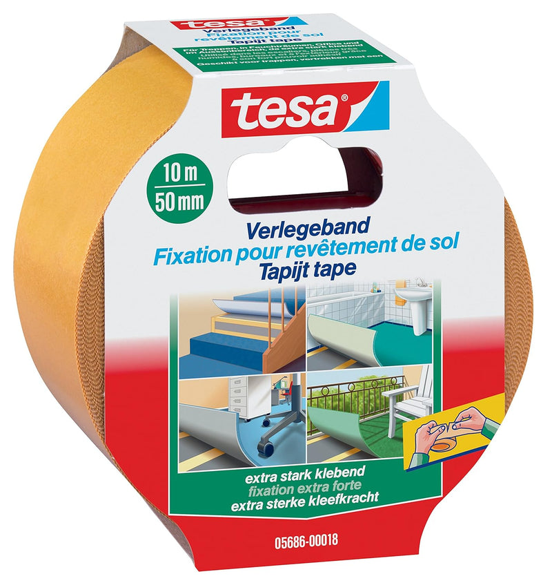 tesa 6 Stück doppelseitiges Verlegeband/Extra stark klebend - für alle Teppiche und PVC Beläge/Für F