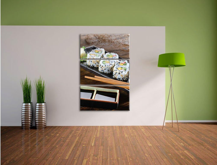 Pixxprint Delikate Inside Out Sushi Rollen als Leinwandbild | Grösse: 3 Teilig (120x80) | Wandbild|