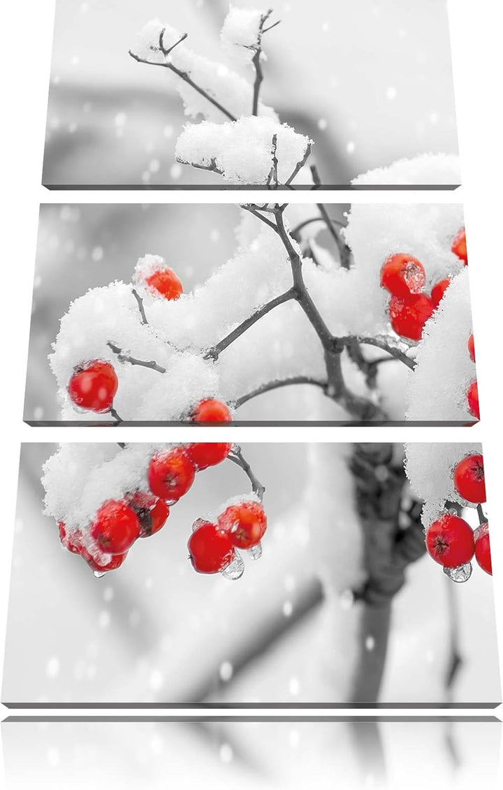 Pixxprint Rote Vogelbeeren im Winter 3-Teiler Leinwandbild 120x80 Bild auf Leinwand