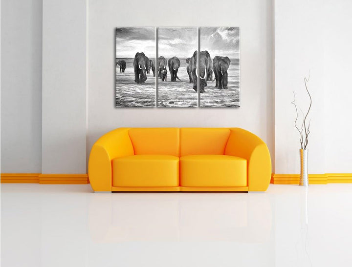 Pixxprint Elefanten Familie in der Savanne Kunst Kohle Effekt 3-Teiler Leinwandbild 120x80 Bild auf
