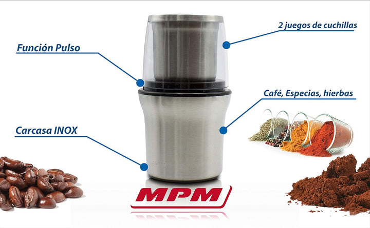 MPM MMK-06 Elektrische Kaffeemühle, BPA-frei, 70 g Kaffee pro Minute, 200 W MMK-06M, Edelstahl