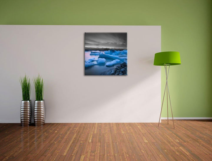 Pixxprint Extreme Eislandschaft Schwarz/Weiss, Format: 70x70 auf Leinwand, 70x70