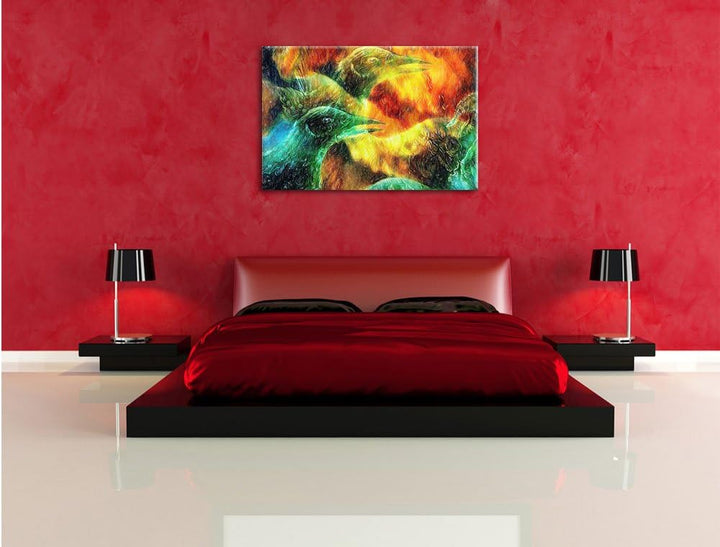 Pixxprint Vogel Phönix Collage Kunst Buntstift Effekt, Format: 100x70 auf Leinwand, 100x70