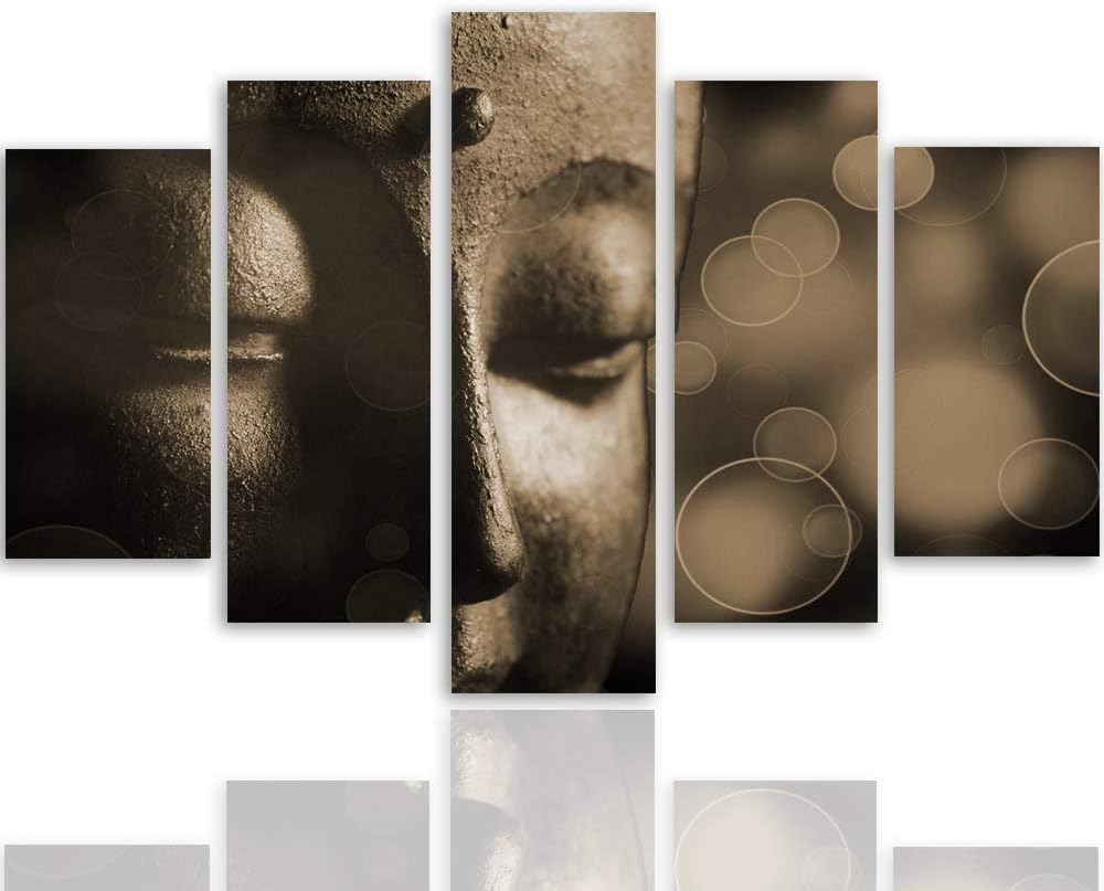 Feeby Bild auf Leinwand Buddha 5 Teilig Modern Abstrakt Zen Meditation Sepia 150x100 cm Leinwandbild