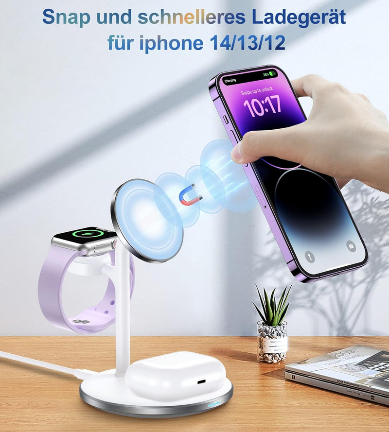 3 in 1 Wireless Charger, 15W Magnetische Induktive Ladestation mit Adapter, MagSafe Kabelloses Ladeg