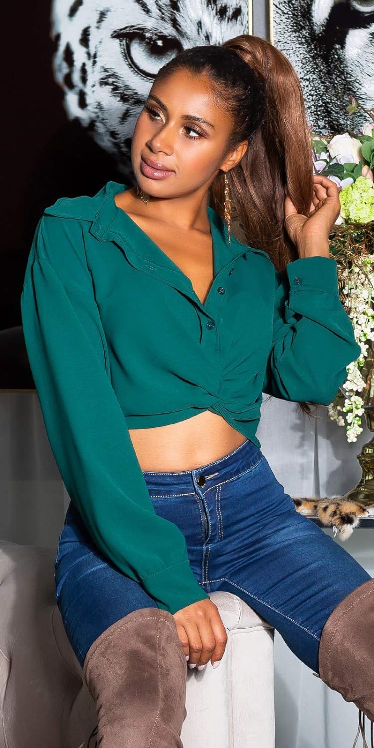 Hot Crop Blusen Shirt mit Knoten-Effekt S-M Grün, S-M Grün