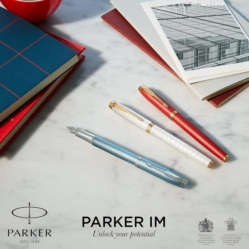 Parker IM Füller Premium Warm Silver Füllfederhalter mit feiner Feder blaue Tinte Geschenkbox