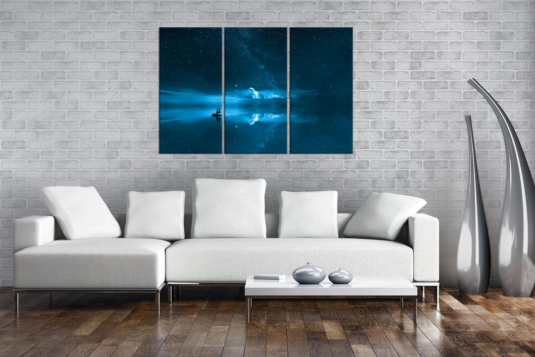 deyoli Sternenhimmel auf See Format: 120x80 3Teilig Effekt: Monocrome Blau als Leinwand, Motiv ferti