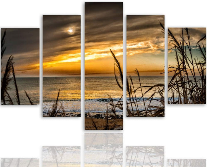 Feeby Bilder Natur 100x70 cm - Leinwandbild - 5 Teilig - Kunstdruck Gras Meer braun Leinwandbild 100