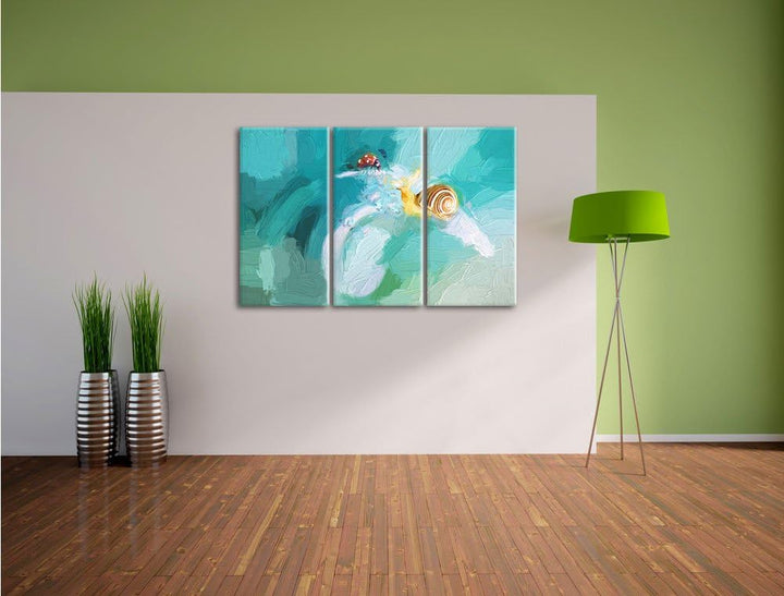 eine Schnecke und Marienkäfer auf einer Pflanze Kunst Pinsel Effekt 3-Teiler Leinwandbild 120x80 Bil