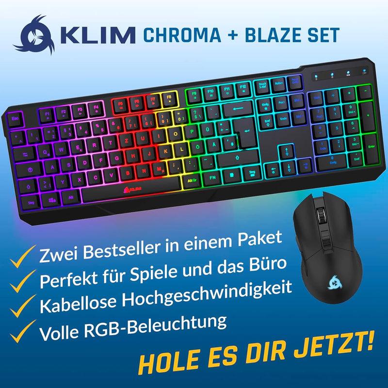 KLIM Blaze & Chroma - NEU 2024 - Tastatur Maus Set Kabellos QWERTZ- Flach, Ergonomisch - Maustastatu