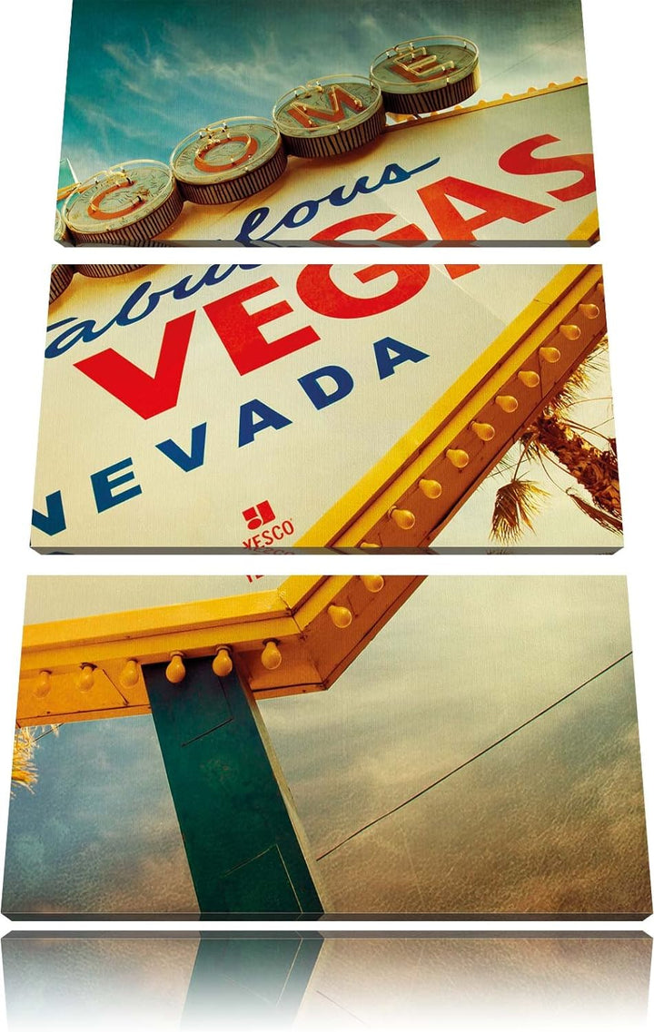 Pixxprint Las Vegas Retro Look als Leinwandbild/Grösse: 3 Teilig (120x80) cm/Wandbild/Kunstdruck/fer
