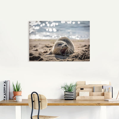 ARTland Leinwandbilder Wandbild Bild auf Leinwand 90x60 cm Wanddeko Baby Robbe Seehund Meer Strand L