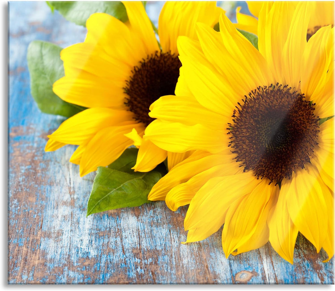 Sonnenblumen auf Holztisch Herdabdeckplatte & Spritzschutz aus Echtglas | Für Herd-Kochfelder | 60x5