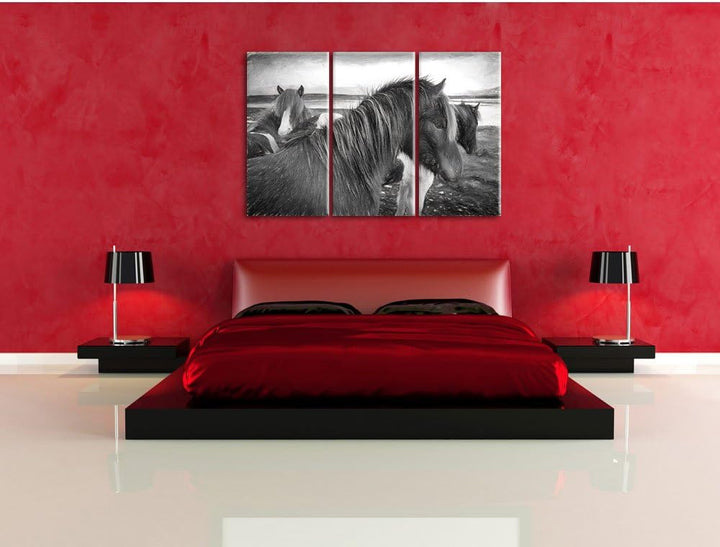 Pixxprint Herde aus Wildpferden als Leinwandbild/Grösse: 3 Teilig (120x80 cm) cm/Wandbild/Kunstdruck