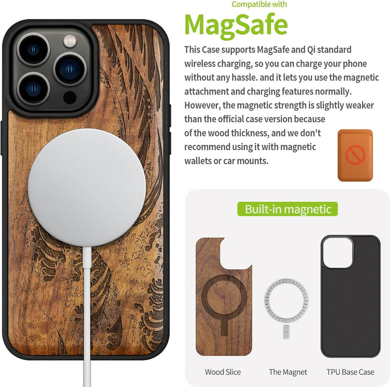 Carveit Handyhülle für iPhone 15 Pro Max Cover Kompatibel mit Magsafe [Holz und TPU Silikon Hybrid h