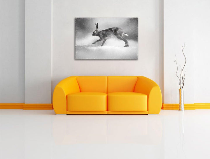 Pixxprint hoppelnder Hase / 100x70cm Leinwandbild bespannt auf Holzrahmen/Wandbild Kunstdruck Dekora